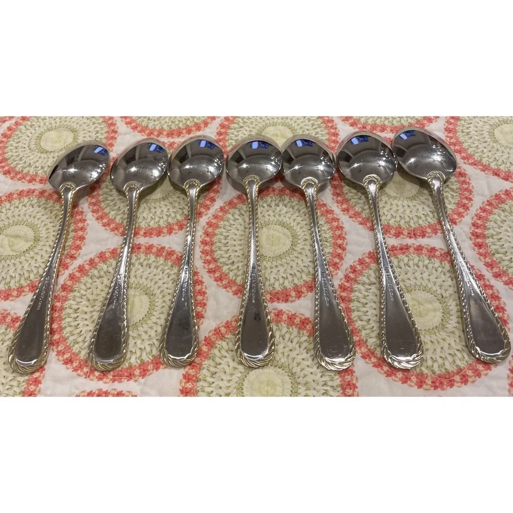 Oneida Golden Belmont Stainless Rope Edge Gold Oval Soup Spoons Set Of‎ 7 VTG
